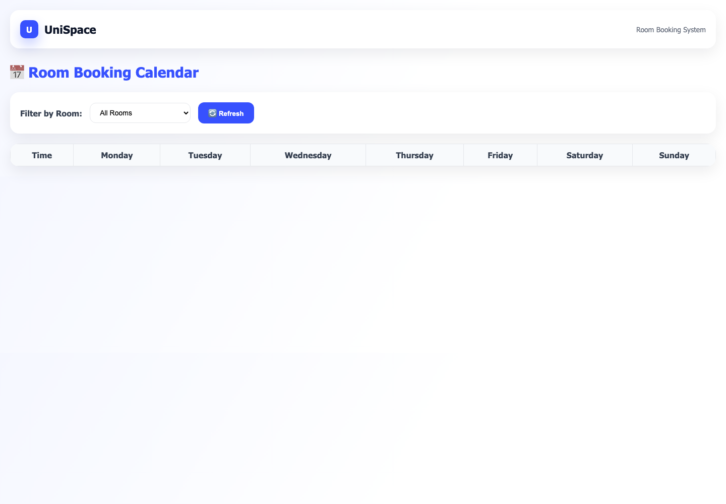 UniSpace room booking calendar with room filter controls and weekly schedule columns.
