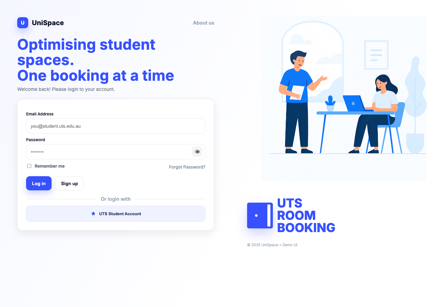 UniSpace login page with study-space booking branding and account form.
