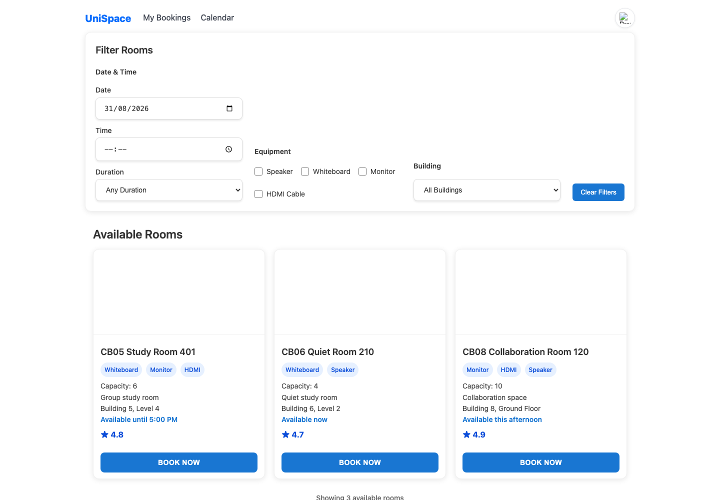 UniSpace room filtering page showing available study rooms and booking actions.